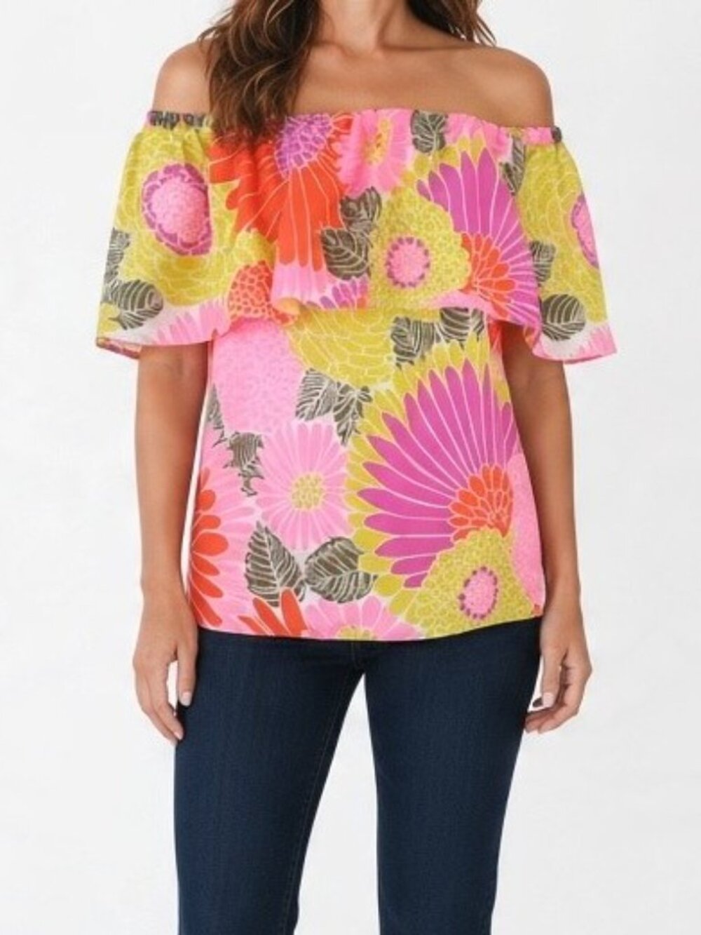 NWT Trina Turk Agua Caliente Off Shoulder Floral 100% Silk Top Womens M